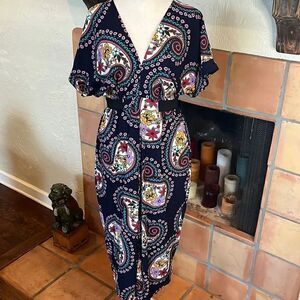 Jane Wood Vintage Made in France Navy Blue Paisley Floral Dress, 2!